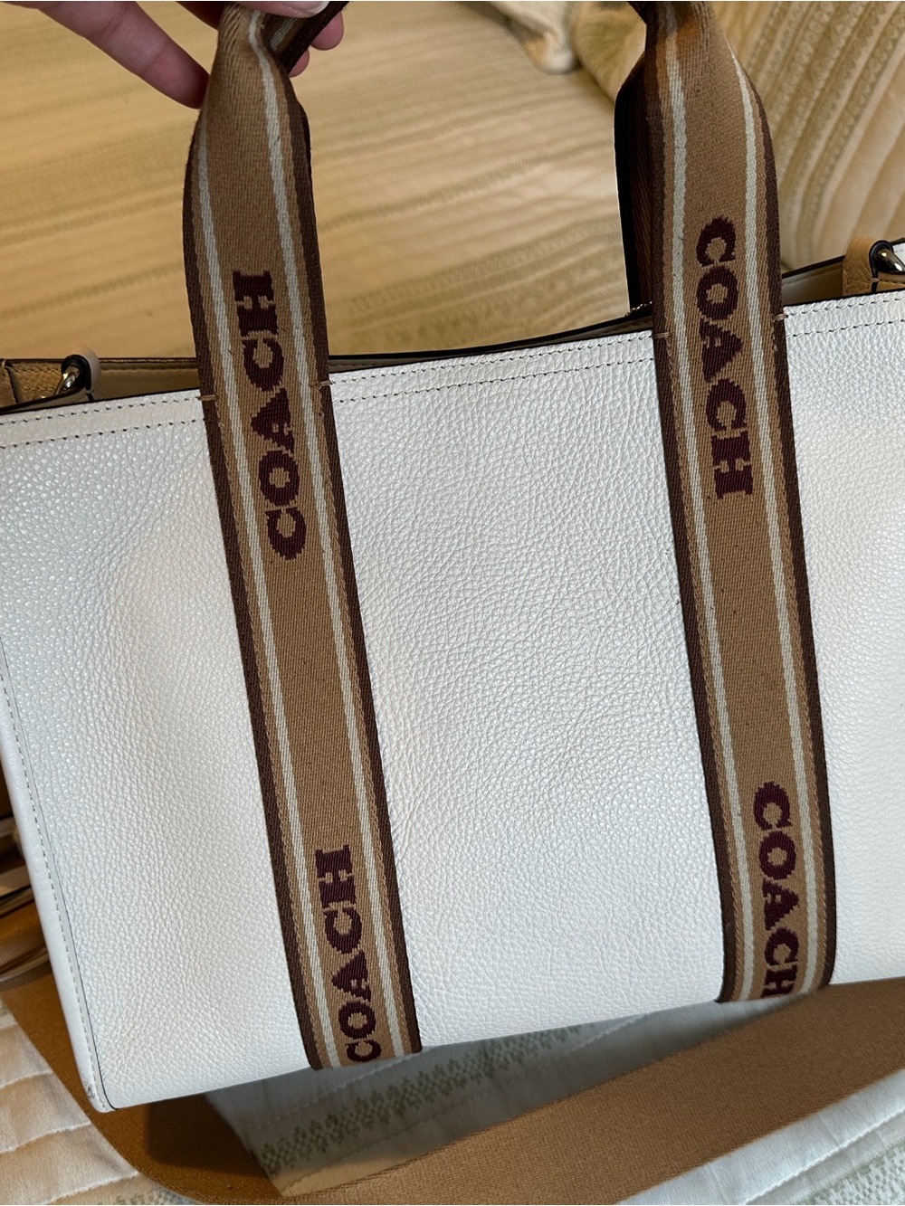 Coach White Pebbled Leather Tote with Tan Logo Canvas Straps - Picture 2 of 4